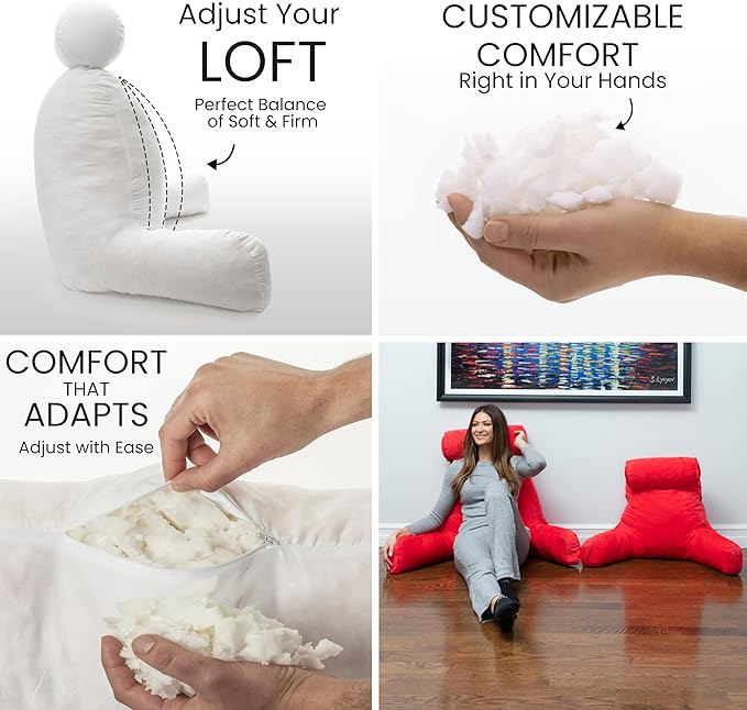 Husband Pillow Medium Reading Pillow with Arms - 23" Backrest for Sitting Up in Bed - Firm Support Bed Rest Pillow for Adults, Neck Roll, Removable Cover - TV, Reading, Lounging - Red