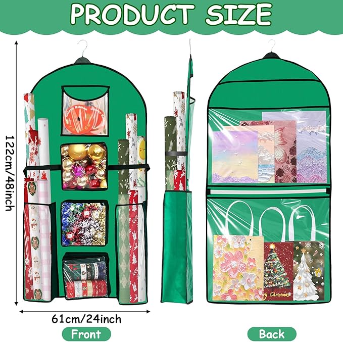 Hanging Gift Wrapping Paper Organizer Storage 48x24 Inch Double-Sided Over The Door Christmas Wrapping Storage Containers Gift Wrapping Organizer Present Paper Craft Roll Holder for Closet Door（Green）