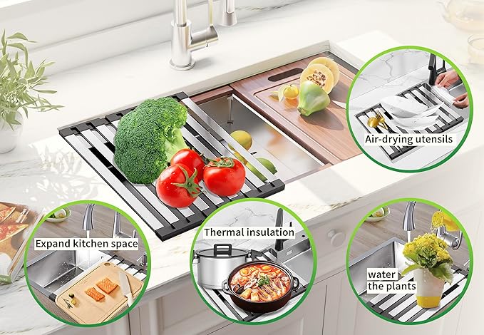 Over The Sink Kitchen Dish Drying Rack Organizer - Stainless Steel Collapsible Non-Slip Space-Saving [23.26 * 12.8IN] - Rust-Resistant Heat-Resistant Sturdy - Easy to Clean