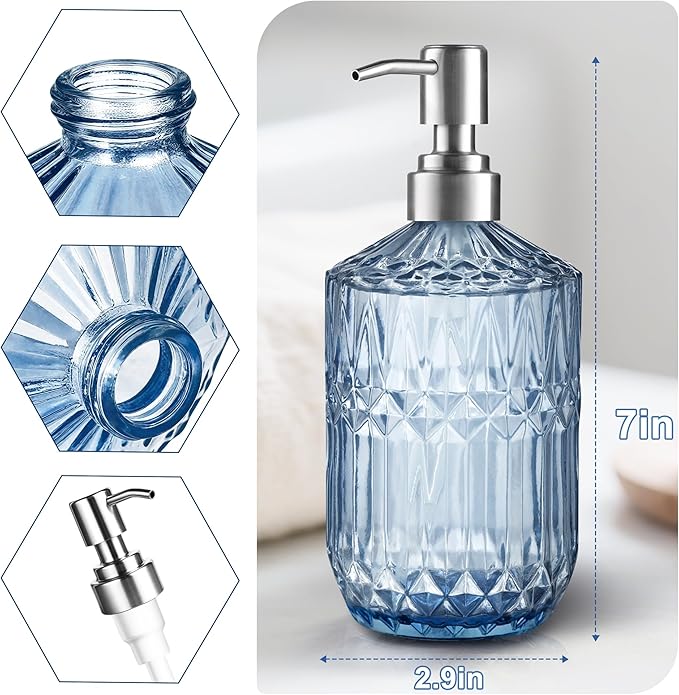 Kaishun 13 Oz Refillable Soap Dispenser, Glass Soap Dispenser for Dispense Hand Soap, Dish Soap, Lotion 2pack (Blue)