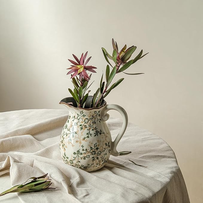 for Mom from Daughter or Son, Green Vintage Chinoiserie Ceramic Pitcher Vase with Handle 7.9”, Rustic Farmhouse Floral Decor for Living Room, Bookshelf, Office Decor