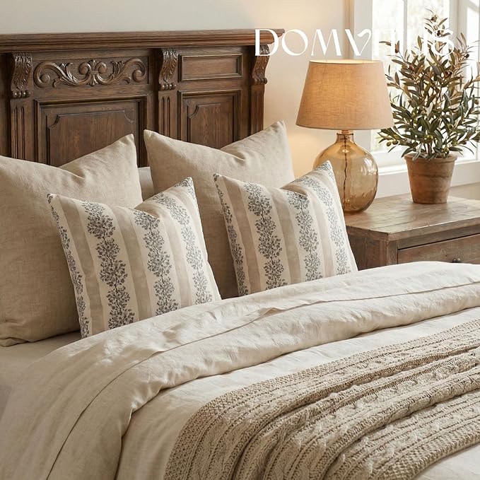 DOMVITUS Floral Throw Pillow Covers 18x18 Inch Set of 2, Block Print Decorative Pillow Covers Vintage Striped Neutral Farmhouse Boho Home Decor for Couch Sofa Bed Living Room, Neutral
