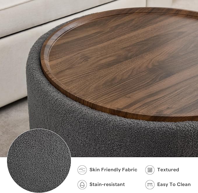 29.5 Inch Round Storage Ottoman Coffee Table,Modern Circle Coffee Table with Storage with Removable Lid Top and Solid Wood Legs,Large Round Ottoman for Bedroom,Living Room,Teddy Fleece,Grey