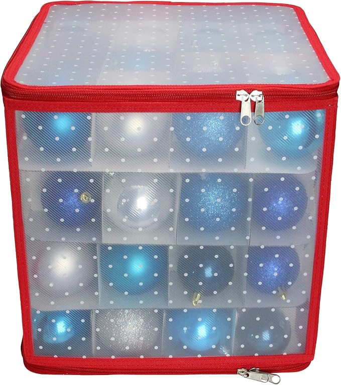 Northlight Transparent Zip Up Christmas Storage Box - 12.5" - Holds 64 Ornaments - Red and Clear
