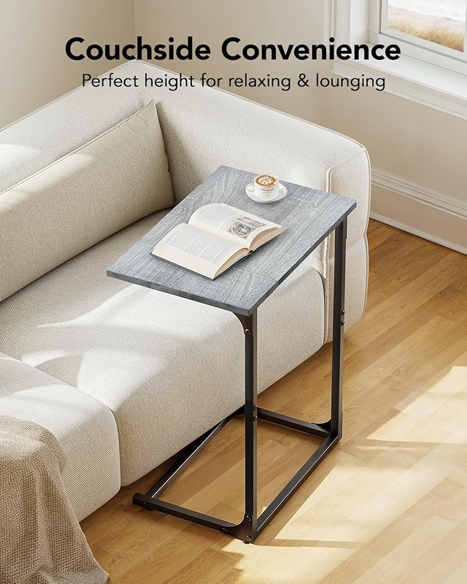 Pipishell C-Shaped Side Table, C Table for Sofa with Two-Piece Desktop & Metal Frame, Large Surface End Table for Living Room, Bedroom, Bedside, Rustic Design, Grey
