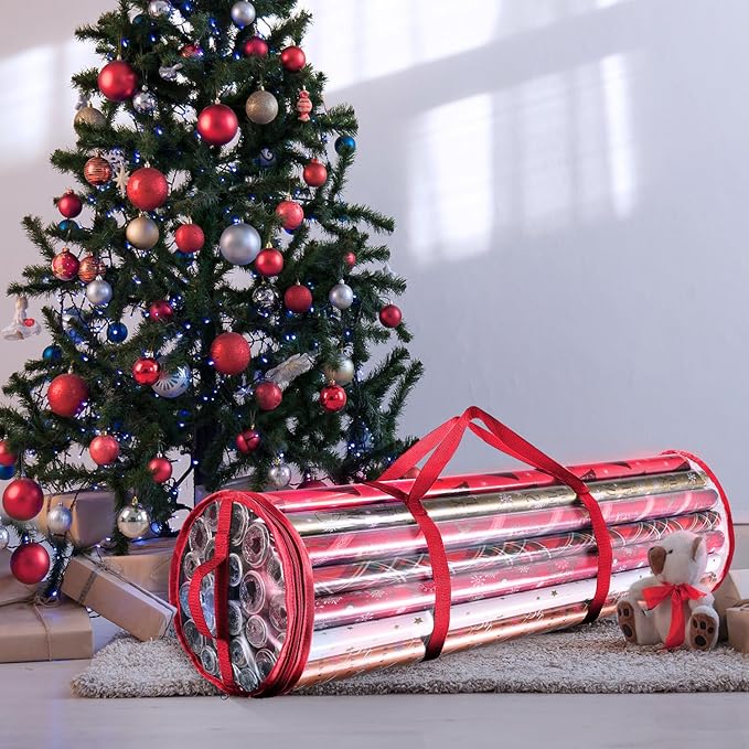 Hearth & Harbor Wrapping Paper Storage Container - Clear Wrapping Paper Holder Fits Up To 14 Rolls of 40" - Tear Proof Gift Wrap Organizer - Premium Bag for Easy Carrying, Red