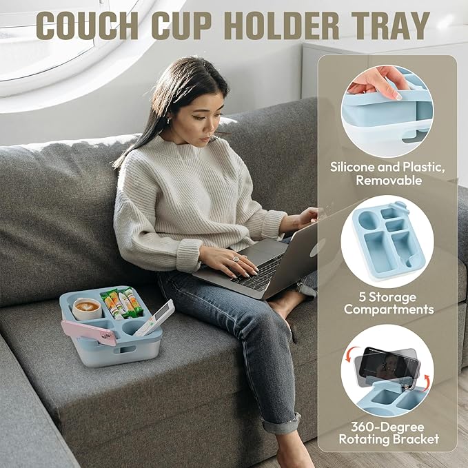 Couch Cup Holder Tray with Rotating Phone Stand & Anti-Spill Design, Silicone Sofa Caddy for Drinks, Remote, Snacks (Dark Grey, 11.8"x 9.05")