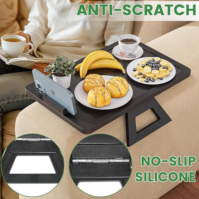 Youpehom Bamboo Sofa Tray,Couch Arm Table, Clip-On Armrest Tray Table for Wide Couch Foldable Tray with 360° Phone Holder Couch Arm Tray for Eating/Drinks/Snacks/Remote
