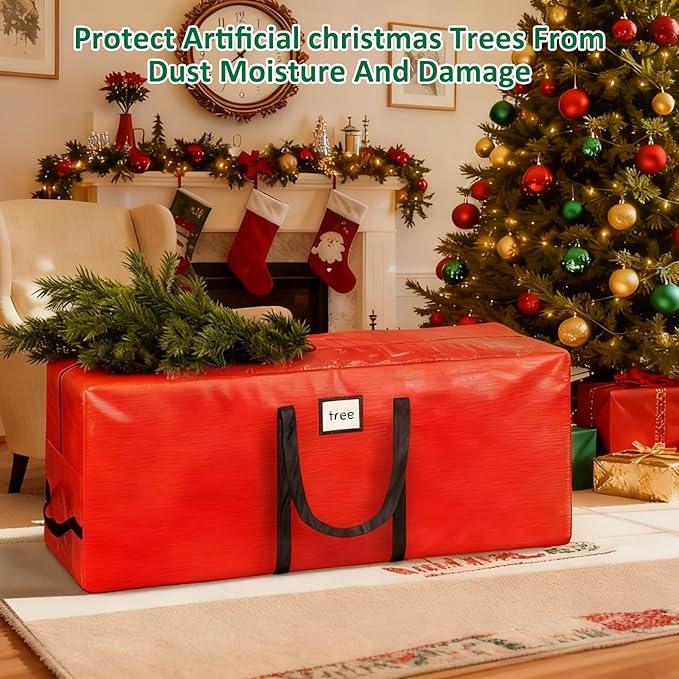 HABGP 7.5 ft Christmas Tree Storage Bag, Fits Artificial Xmas Holiday Tree, Durable Christmas Tree Storage Box Waterproof Material with Zippered Bag & Carry Handles, Protects from Dust, Moisture - Red
