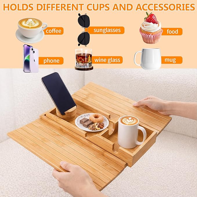 Chair Arm Table-Sofa Cup Holder Armrest with Detachable 360° Rotating Phone Stand for Hands-Free Viewing, Made from Premium Natural Bamboo for Drinks, Phone and Remote