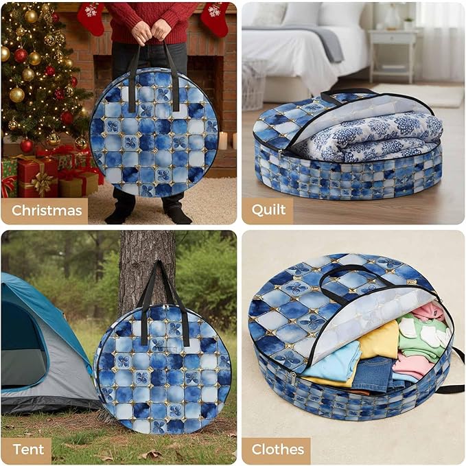 Blue Crystal Flower Round Storage Bag 30 Inch, Irregular Texture Clothes Storage Container with Handles Heavy Duty Organizer for Comforter, Bedding & Holiday Wreaths
