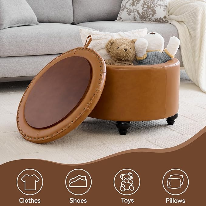 WUTUTUEE 24Inch Round Storage Ottoman with Tray, Modern Tufted Leather Circle Coffee Table with Storage, Upholstered Ottoman with Removable Top for Living Room, Bedroom, Leather Brown