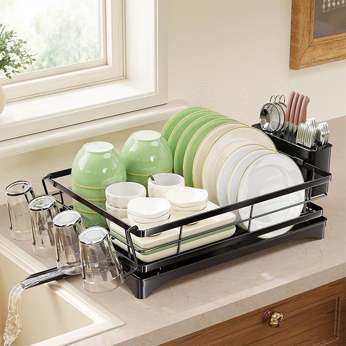 Simple Trending Dish Drying Rack for Kitchen Counter, Rust-Resistant Dish Rack, Large Dish Drainer Organizer with Cutlery Holder & Cup Holders, Black