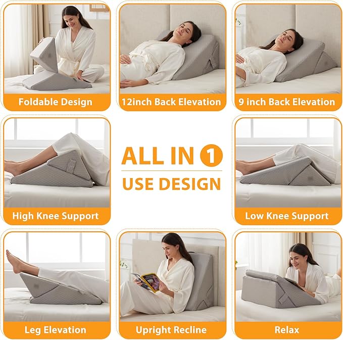 Ruqmuis Bed Wedge Pillow for Sleeping, 9&12 Inch Adjustable Wedge Pillow Set for After Surgery, Triangle Pillow for Back Pain Relief, Leg Support, Acid Reflux, Gerd, Grey