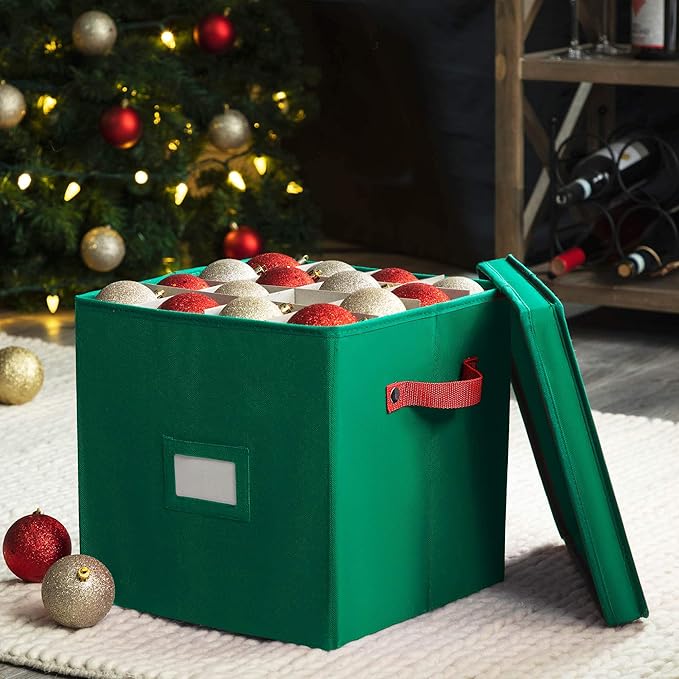 Durable Non-Woven Christmas Ornament Storage Box with Removable lid, Stores up-to 64 Standard Holiday Ornaments & Xmas Decorations For Seasons To come - 12 x 12 Inch 4 Layer Ornament Storage Container