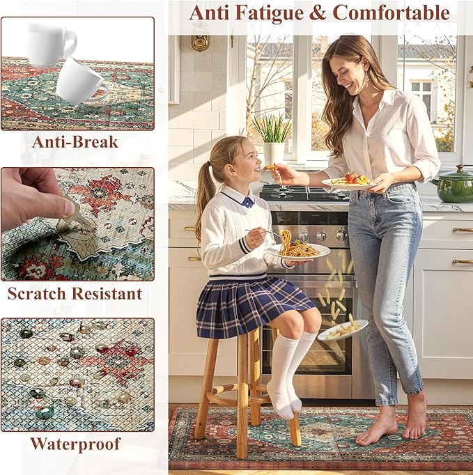 Collive Boho Kitchen Mats for Floor, Kitchen Mats Cushioned Anti Fatigue Waterproof Kitchen Rugs Sets of 2 Non-Skid Comfort Standing Mat for Kitchen, Office, Sink, Laundry, 20"x32"+20"x48"(Red)