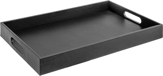 Home Redefined Beautiful Modern Elegant 17.5"x12" Rectangle Classic Black Faux Leather Decorative Tray Ottoman Coffee Table Perfume Living Room Kitchen Serving Tray with Handles for All Occasion's