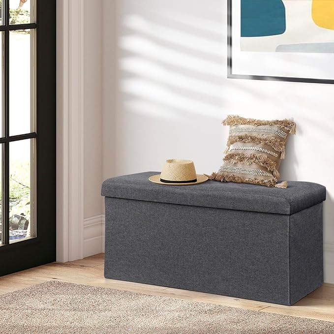 ZenStyle 30Inches Storage Ottoman Bench, Folding Footrest Padded Seat, Storage Chest Long Shoes Bench with Divider, Holds up to 660 lbs, for Living Room, Entryway, Bedroom, Dark Gray