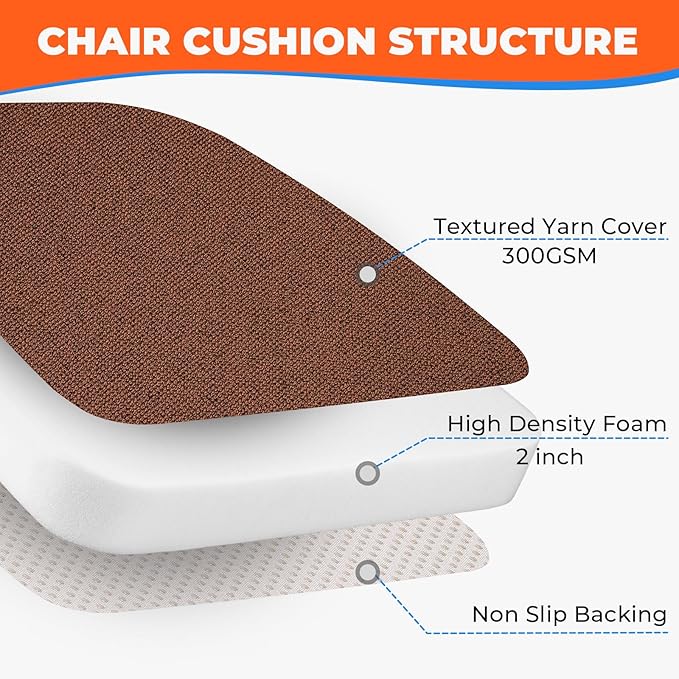 Sunsleek Chair Cushions for Dining Chairs, D-Shaped Seat Cushions with Removable Washable Cover and Ties, Chair Pads for Kitchen, Indoor Dining Room, Patio Chairs, 17'' x 16'', Set of 6, Brown