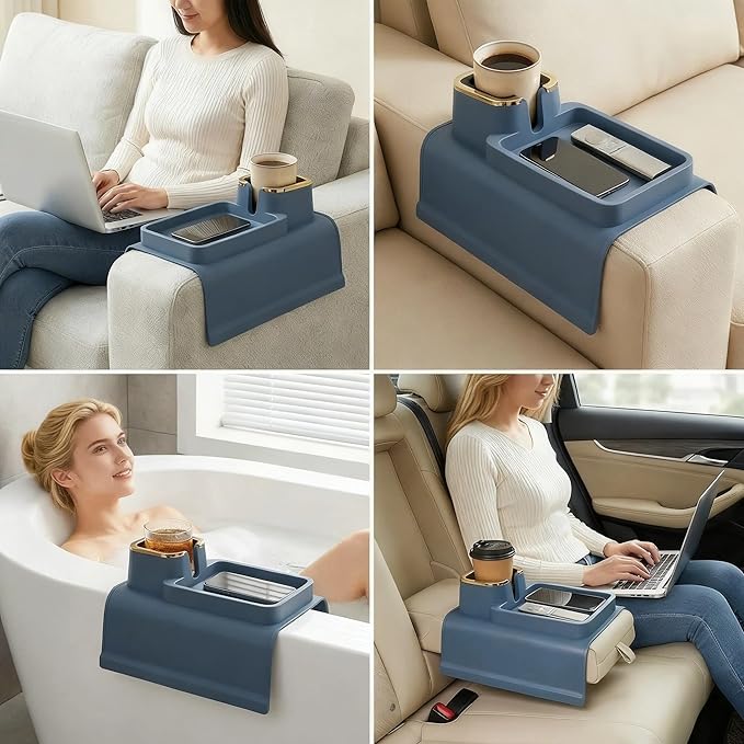 Luxury Gold Trim Couch Cup Holder Tray - Weighted Silicone Anti-Spill Sofa Armrest Organizer, Non-Slip Recliner Tray Table for Drinks, Remote, Phone - Fits Most Couch Arms, Home Gift