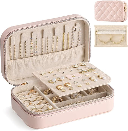 Lolalet Travel Jewelry Case for Women Girls, PU Leather Jewelry Organizer with Clear Storage Bag Small Portable Jewelry Box for Necklace Bracelet Earring Ring Mothers Day Birthday Gifts -Medium/Pink