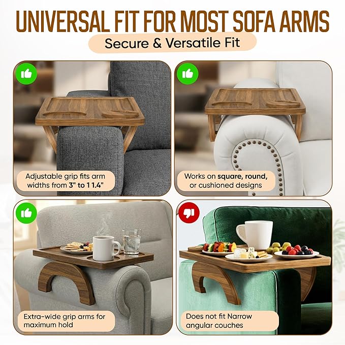 Acacia Wood Sofa Arm Tray - 3-in-1 Couch Arm Table with Phone Holder, Cup Placer & Foldable Tray - Armrest Clip-On Design for Couch with 360° Rotated Phone Holder