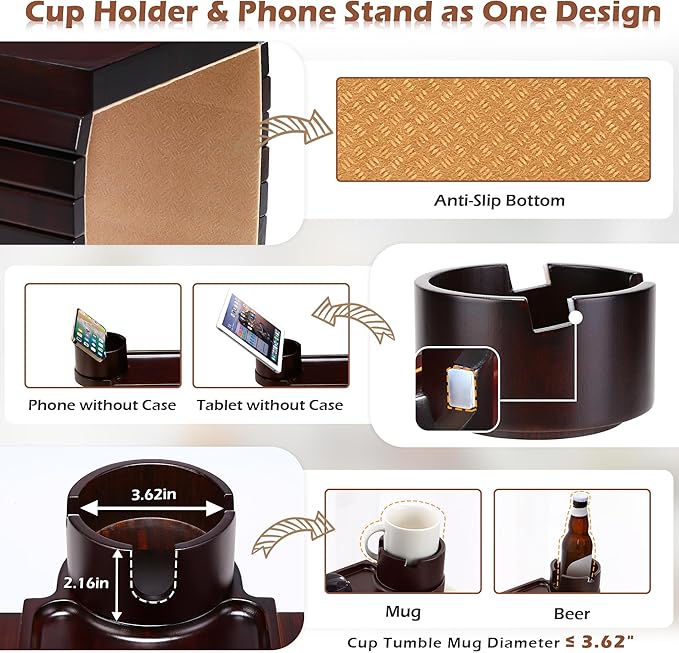 GHKINMAL Couch Cup Holder Tray, 3 in 1 Large Couch Arm Trays,Bamboo Chair Clip on Tray with 360° Ratated Phone Cup Holder for Couch,Snacks,Remote,Phone-Black Walnut