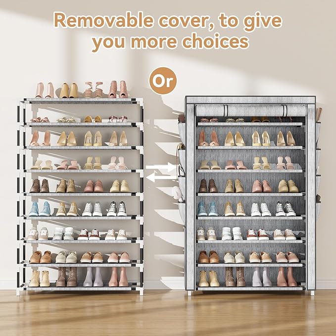 VILICK Shoe Rack with Cover, 8 Tier Tall Shoe Organizer Storage for 36-45 Pair Shoes and Boots Large Shoe Storage Shelf Free Standing Shoe Rack for Closet, Front Door Entrance, Dorm, Garage, Printing