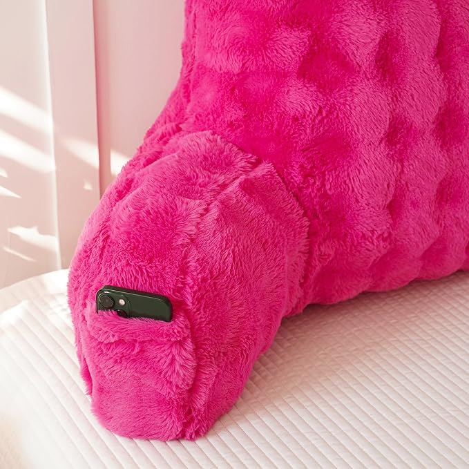 Yaoshuho Faux Fur Reading Pillow for Sitting in Bed, Large Backrest Bed Pillow with Arms, Back Support Pillow for Lounging Bedrest, Hot Pink