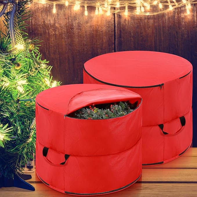 26" Extra Large Double Sided Christmas Wreath Storage Bag with Carry Handle Zippered Waterproof Christmas Wreath Storage Container Heavy Duty Xmas Garland Bag for Holiday(2 Pcs)