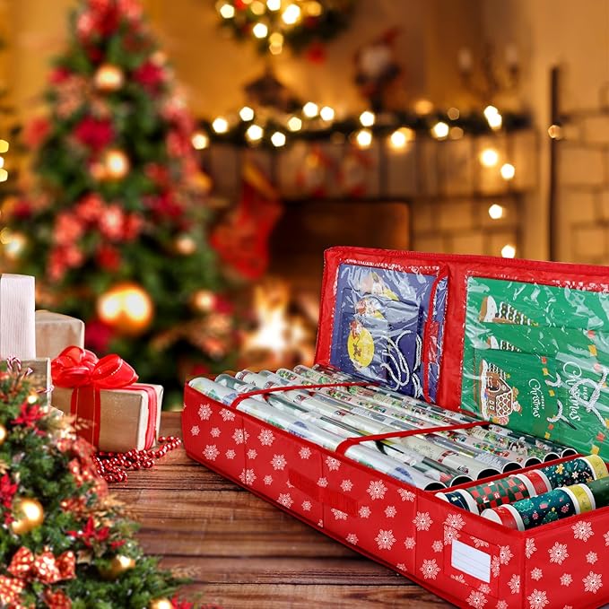 Christmas Wrapping Paper Storage Organizer, Gift Wrap Storage Bag with Pockets,600D Heavy Duty Underbed Gift Wrap Organizer Fits for Holiday Accessories Ornaments (Large)
