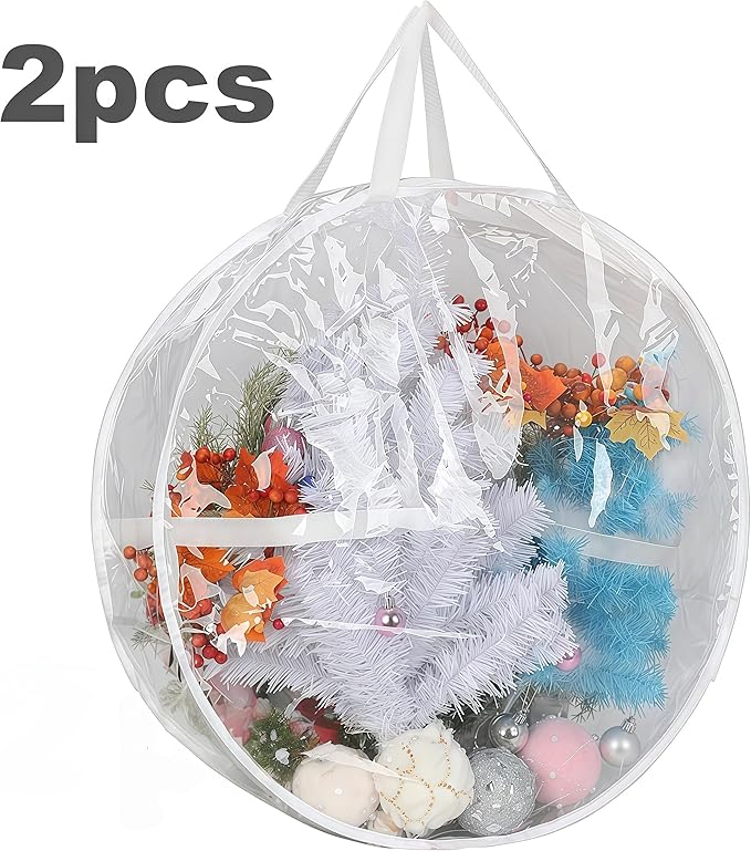 2Pcs Christmas Wreath Storage Container 30 Inch Clear Wreath Storage Bags Round Durable Wreath Bags Clear Everyday Bag with Dual Zippers and Sturdy Handles for Holiday Christmas Wreaths（Large）