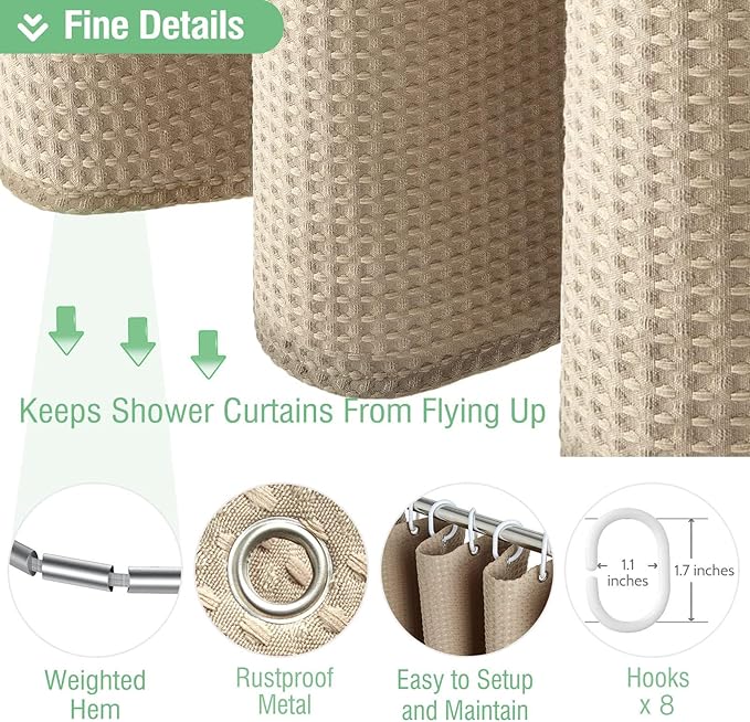 Dynamene Stall Fabric Shower Curtain - 48 inch Wide Waffle Weave Weighted Thick Cloth Shower Curtain for Bathroom, Neutral Heavy Duty Hotel Spa Luxury Bath Curtain Set with 8 Hook, 48x72, Beige/Khaki