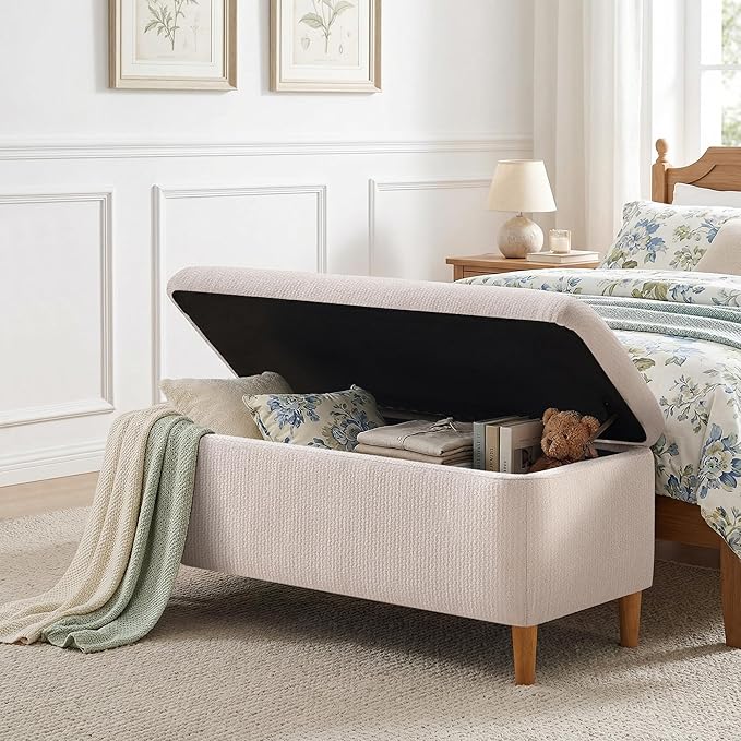 39.4”Ottoman with Storage Set of 2,Upholstered Comfy Storage Bench Ottoman with Wooden Legs,End of Bed Bench Footstool for Hallway Entryway Bedroom Living Room Corner Beige