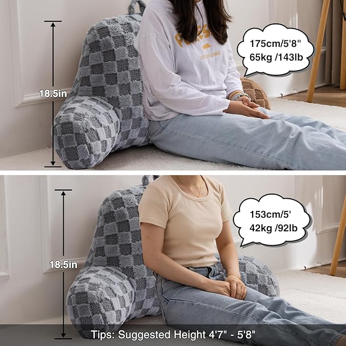 A Nice Night Faux Fur Reading Pillow,Checkered Fluffy Grid Plaid,Bed Wedge Pillow Large Adult Children Backrest with Arms for Bedrest,Grey