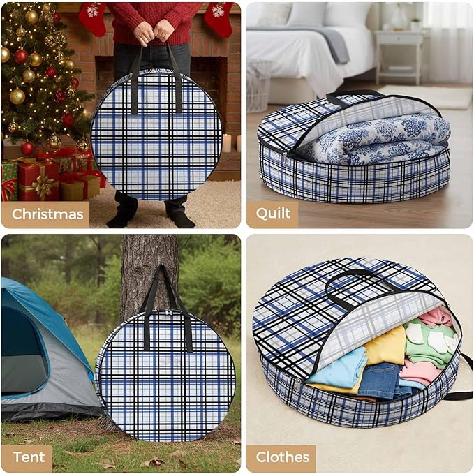 Storage Bag Blue Black Buffalo Plaid Round Storage Totes Bins Closet Organizers with Zippers & Handle Check Stripe Clothes Storage Container for Bedroom Dorm Space Saving Packing Supplies Moving Bags