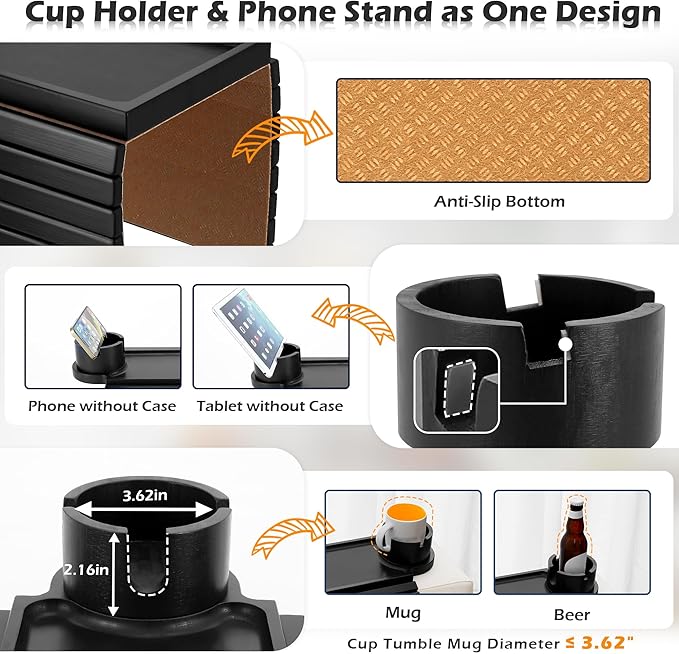 GHKINMAL Couch Cup Holder Tray, 3 in 1 Large Couch Arm Trays,Bamboo Chair Clip on Tray with 360° Ratated Phone Holder for Couch,Armrest Tray for Snacks,Remote,Phone