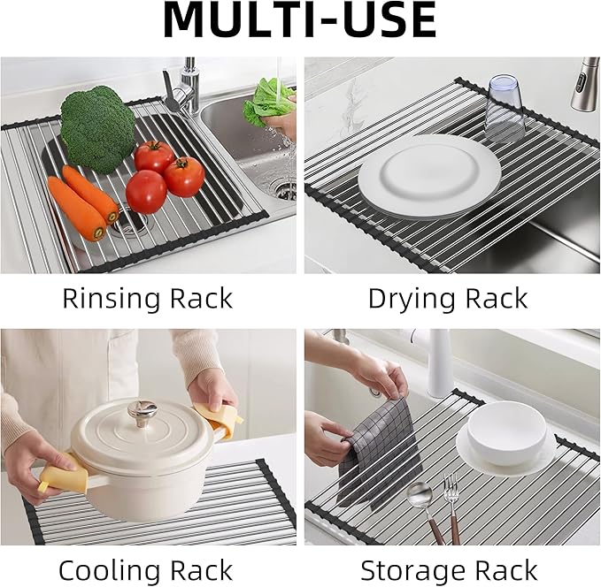 Roll Up Dish Drying Rack, Over Sink Dish Drying Rack, 17" L x 11.8" W, Black