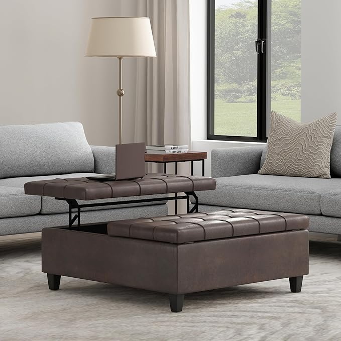 SIMPLIHOME Harrison Large Coffee Table Storage Ottoman - 40 inch Wide Upholstered Vegan Leather Square Lift-Top Ottoman in Distressed Brown, Transitional Bench for Living Room with Sturdy Base