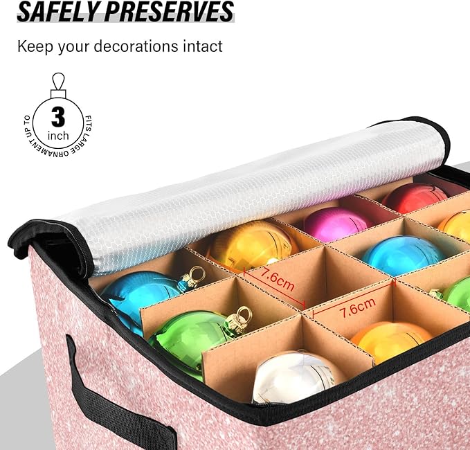 Pink Christmas Ornament Storage Basket Box Winter Xmas Holiday Storage Container Cube with Adjustable Dividers for 64 Holiday Ornaments or Decorations Keeps Clean and Dry for Next Season