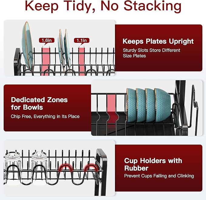 2 Tier Black Dish Drainer Drying Rack for Kitchen Counter, Large Stainless Steel Dishes Dryer with Drainboard, Space Saving, Big Rustproof Metal Modern Countertop Plates Strainer with Utensil Holder
