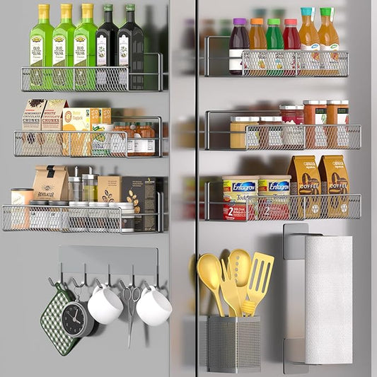 Magnetic Spice Rack for Refrigerator, 10 Pack 100% Metal Strong Magnet Shelf, Moveable Spice Organizer W/ Adjustable Paper Towel Holder, Hook Rack & Utensil Caddy, Home Kitchen Laundry Storage, Grey