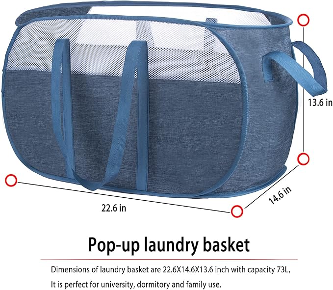 Pop Up Laundry Hamper，with Durable Handles collapsible laundry basket，Easy to Open and Fold for college Dorm,kids room，travel (Blue)…