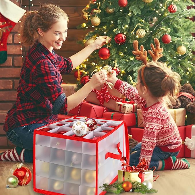 Christmas Ornament Storage Box, 64 Christmas Decoration Storage Box with Two Handles, Holiday Xmas Ornaments Box with Lid, Double-Sided Trays with Durable Zippers for Season