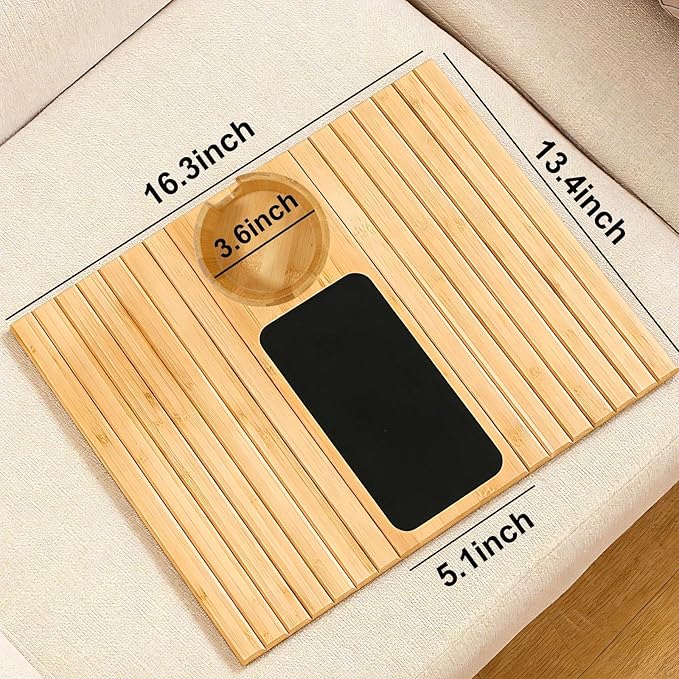 Couch Armrest Table with Cup Holder - Bamboo Couch Cup Holder 3-in-1 Magnetic Detachable, Anti-Slip Foldable Sofa Arm Tray for Drink, Snack, Coffee, Mugs, Remote, Cellphone, Cup (Natural)