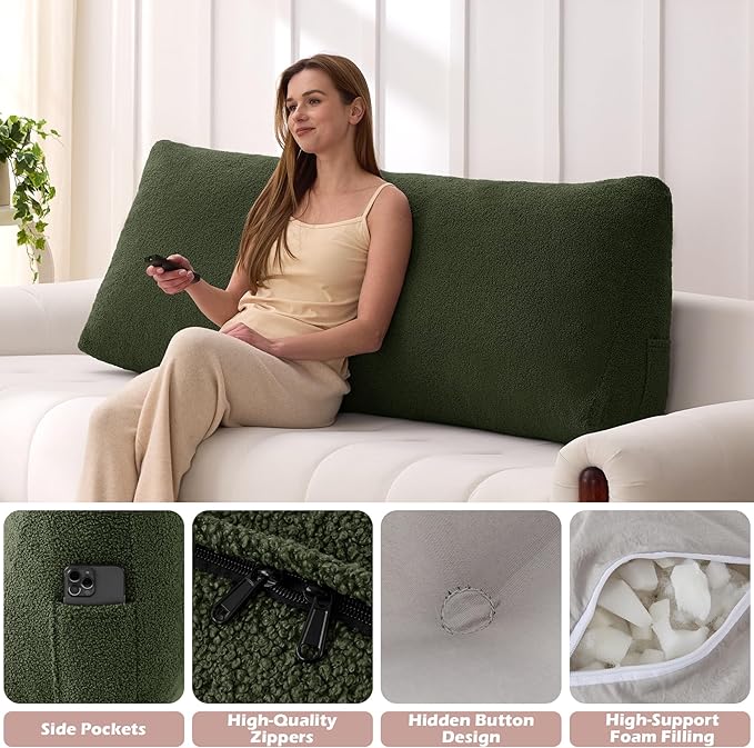 Headboard Pillow Twin, Triangle Bed Wedge Pillow for Headboard, Backrest Pillow for Sitting up, Reading, Working, Headboard Daybed Pillow with Removable Cover for Bed, Dorm Sofa, Dark Green