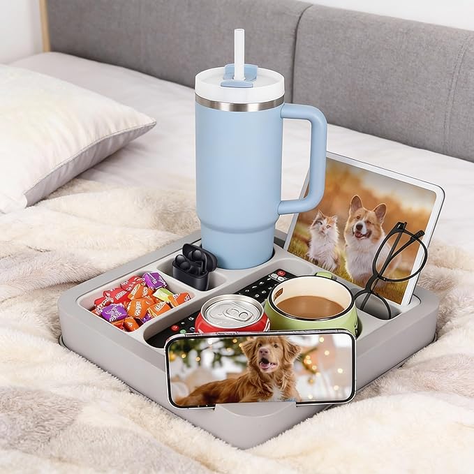 Heavyrain Couch Remote Holder Caddy Cup Holder Tray for Couch and Bed - Spill-Proof Armrest Organizer with Removable Divider, Perfect for Gaming, Movie Night, Remote Control, Snack & Phone Storage