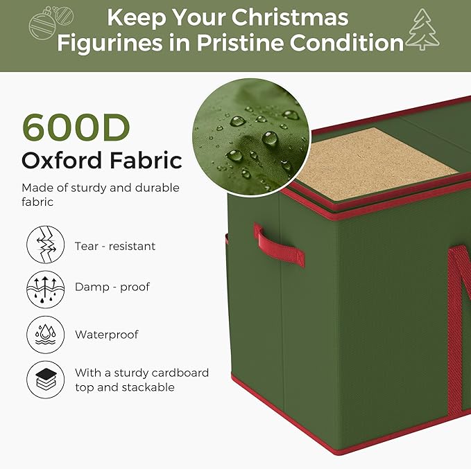 Christmas Figurine Storage Box for 15-Inch Figurines and Nutcrackers, Holiday Decor Organizer with Adjustable Dividers, 8 Slots and 2 Pockets, Dual Zippers, 600D Oxford, 24.8"x12.2"x15.2" ,Green