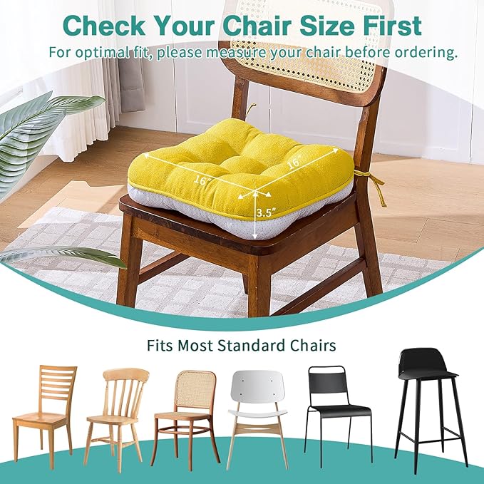 BETU Chair Cushions for Dining Chairs Set of 6,3.5" Thick Kitchen Table Chair Pads with Ties,Non Slip Backing and Covers, Seat Cushion for Dining Room,Bar,Patio Chairs,16"X16"X3.5",Gold