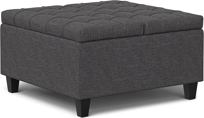 SIMPLIHOME Harrison Small Coffee Table Storage Ottoman - 30 inch Wide Upholstered Linen Look Fabric Square Lift-Top Ottoman in Slate Grey, Transitional Ottoman for Living Room with Hidden Storage